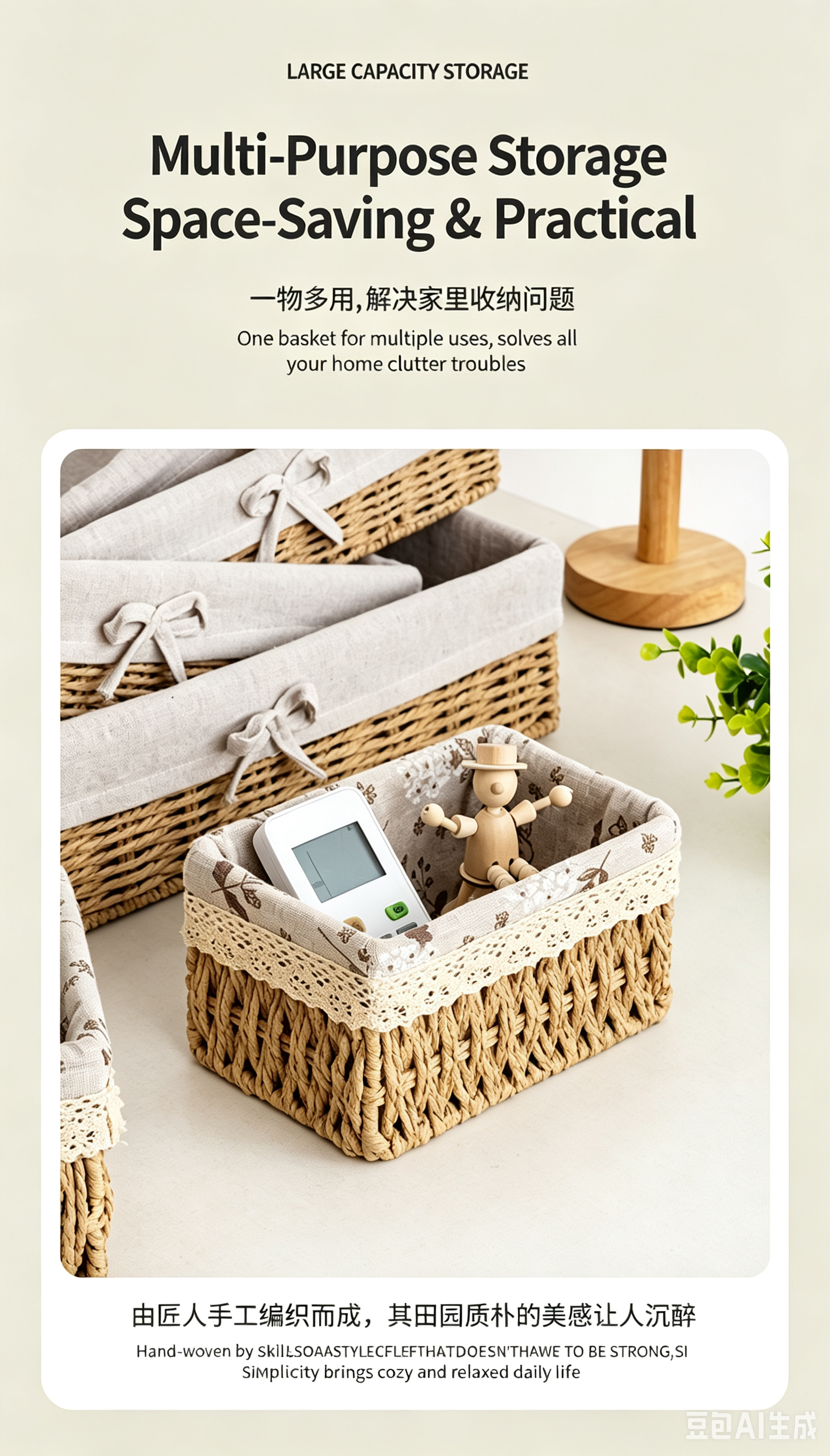 Handwoven Seagrass Storage Basket with Linen Liner