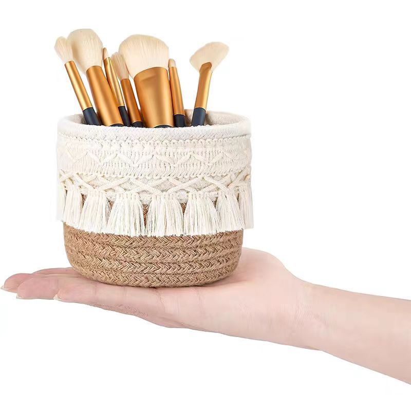 Tassel Woven Round Desk Organizer — Makeup Brush & Vanity Storage Basket