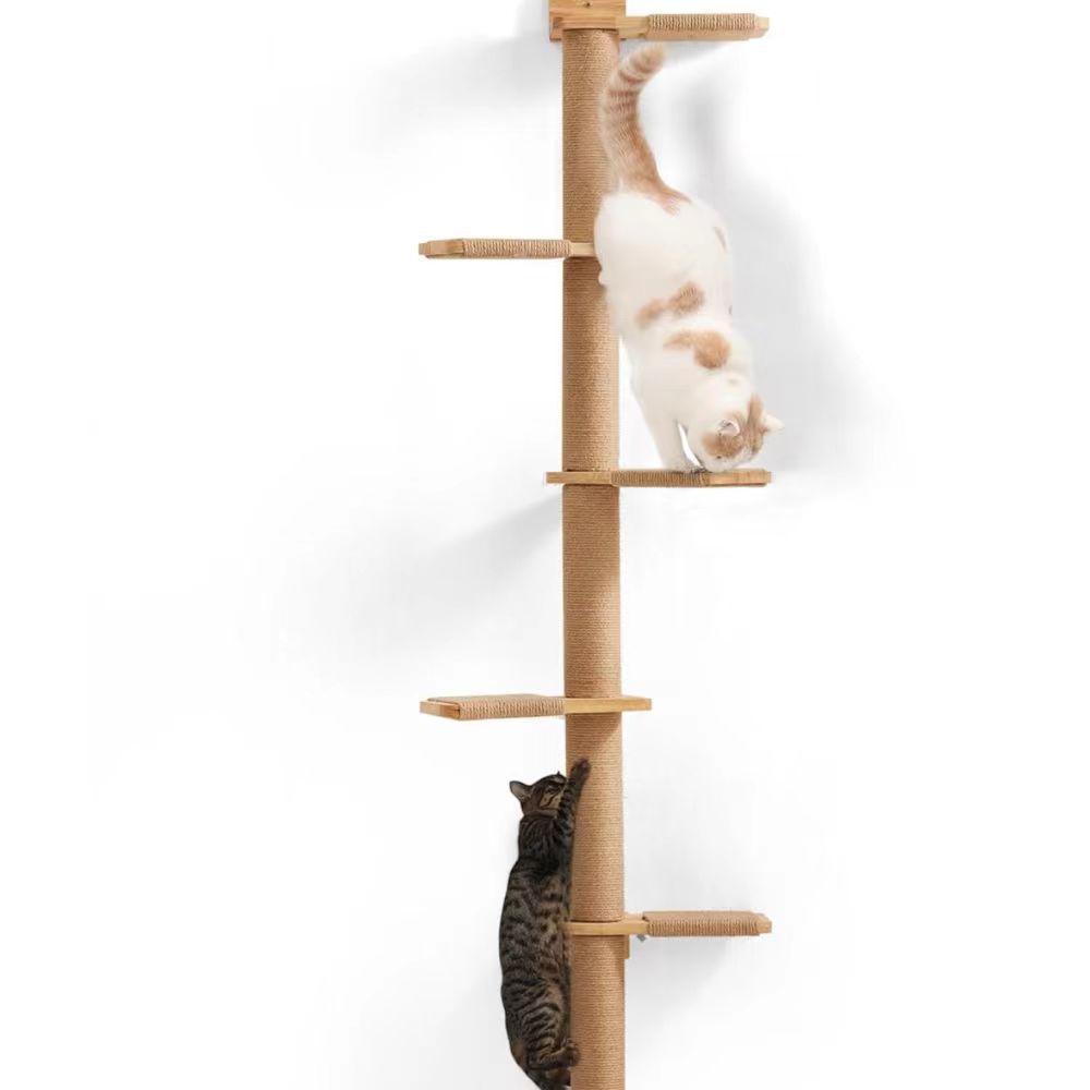5-Tier Solid Wood Cat Tree Tower with Sisal Rope — Wall-Mounted & Freestanding Scratching Post