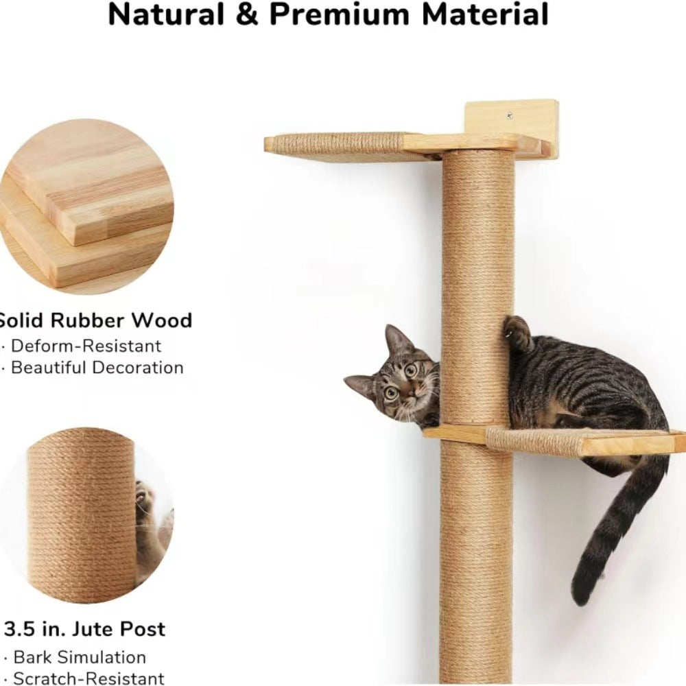 5-Tier Solid Wood Cat Tree Tower with Sisal Rope — Wall-Mounted & Freestanding Scratching Post