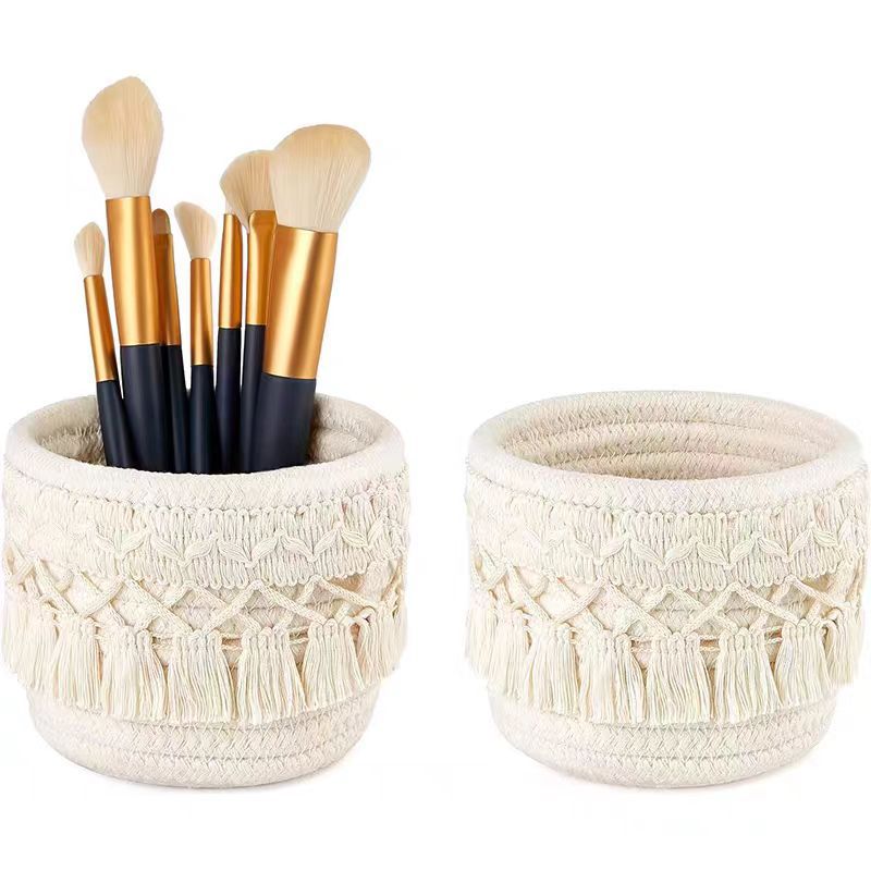 Tassel Woven Round Desk Organizer — Makeup Brush & Vanity Storage Basket