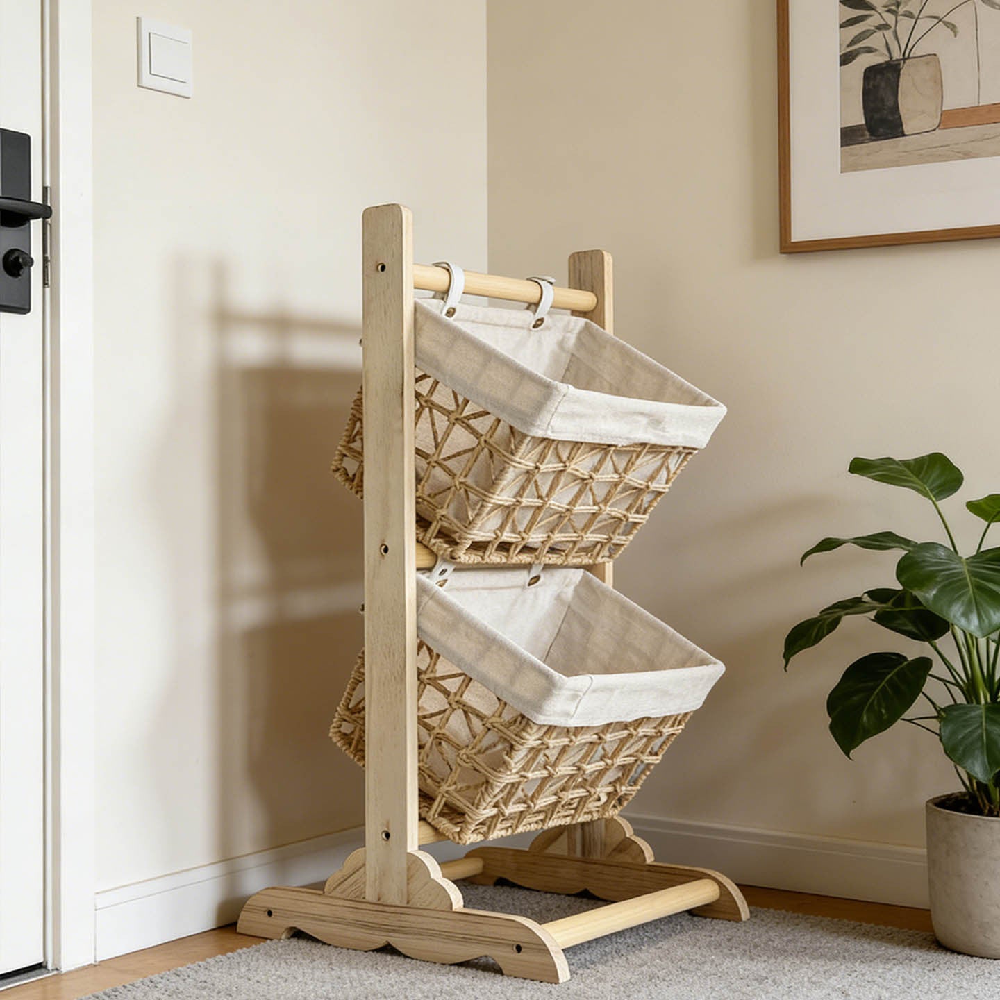 Multi-Tier Woven Storage Rack — Freestanding Basket Shelf for Living Room
