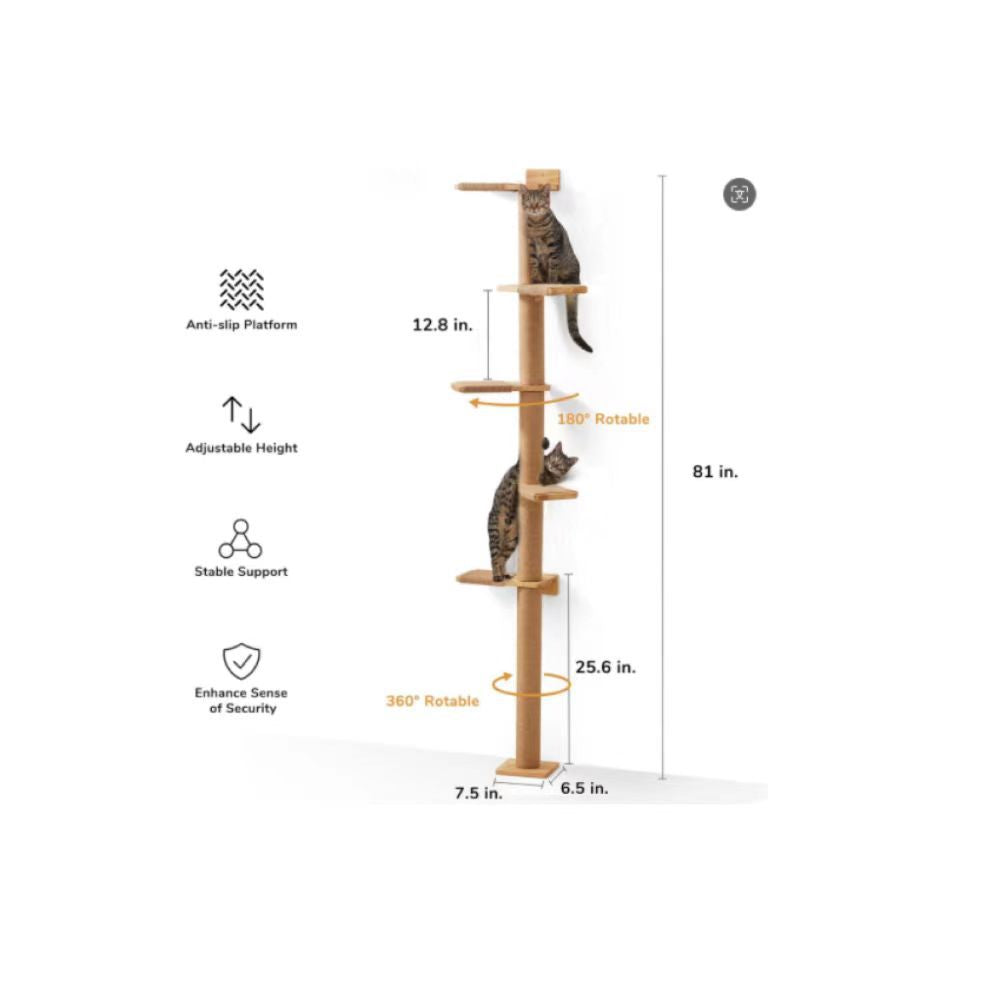 5-Tier Solid Wood Cat Tree Tower with Sisal Rope — Wall-Mounted & Freestanding Scratching Post