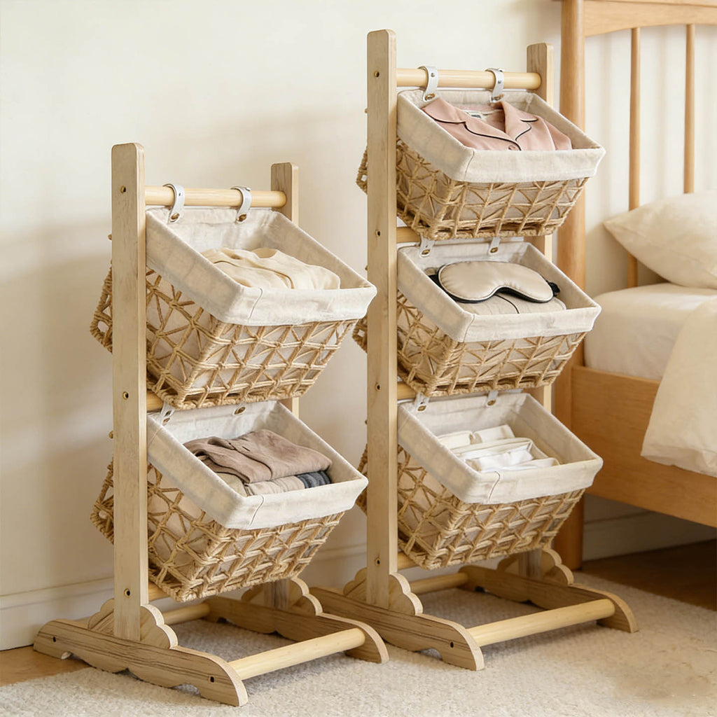 Multi-Tier Woven Storage Rack — Freestanding Basket Shelf for Living Room