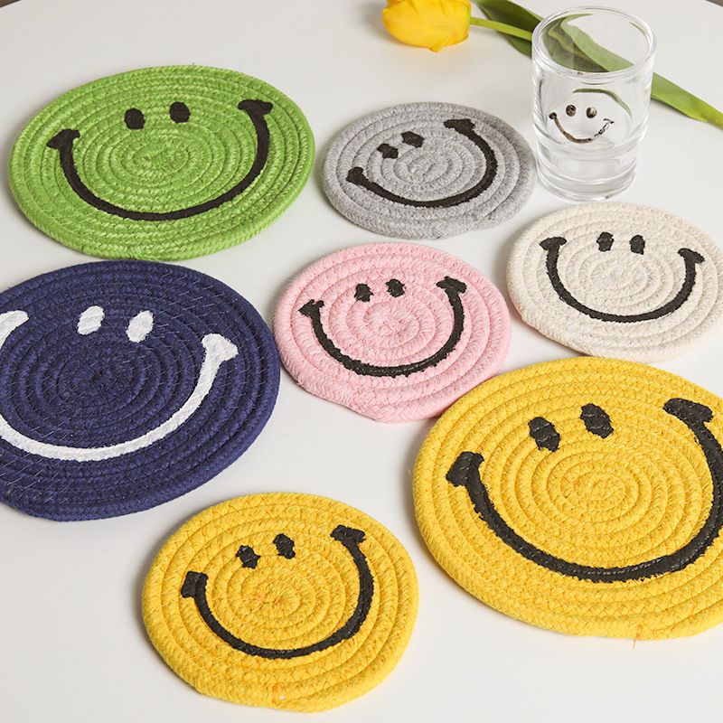 Smiley Face Woven Coaster — Cotton Rope Cup Mat & Heat Insulation Pad