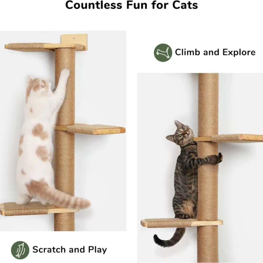 5-Tier Solid Wood Cat Tree Tower with Sisal Rope — Wall-Mounted & Freestanding Scratching Post