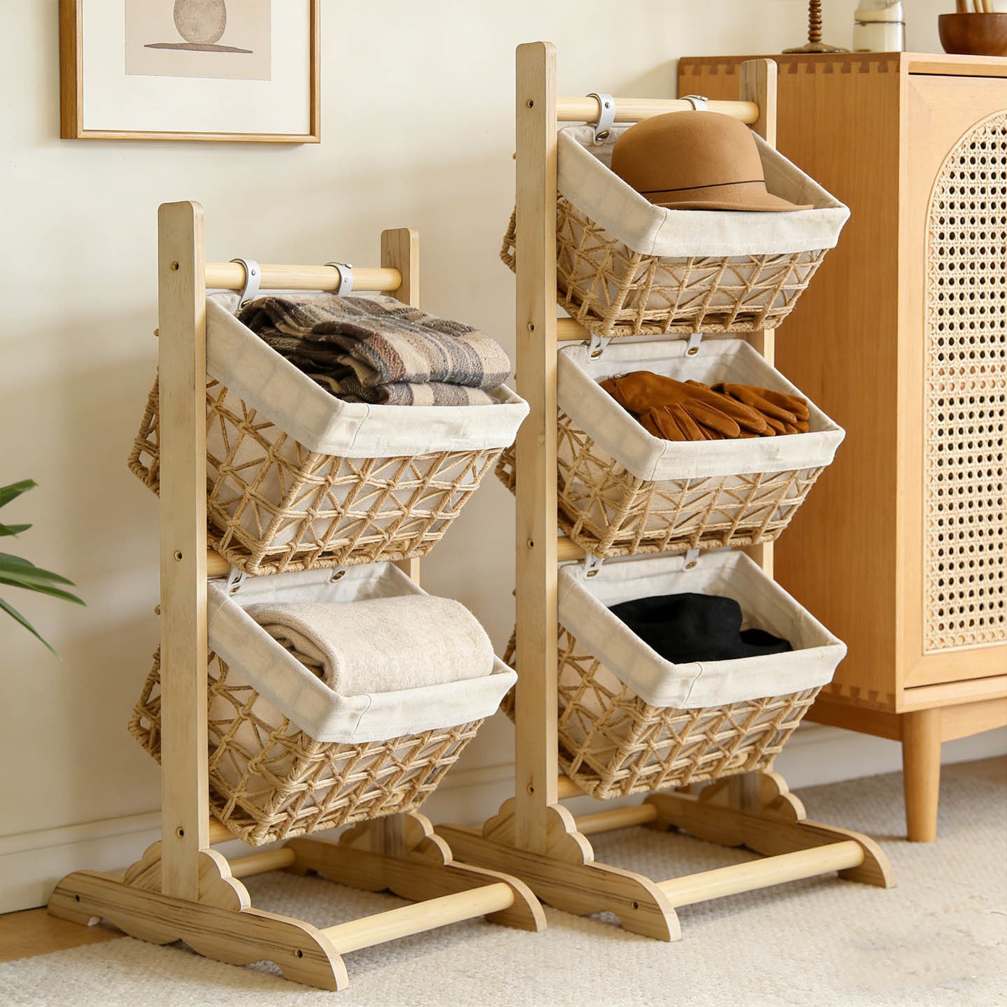 Multi-Tier Woven Storage Rack — Freestanding Basket Shelf for Living Room