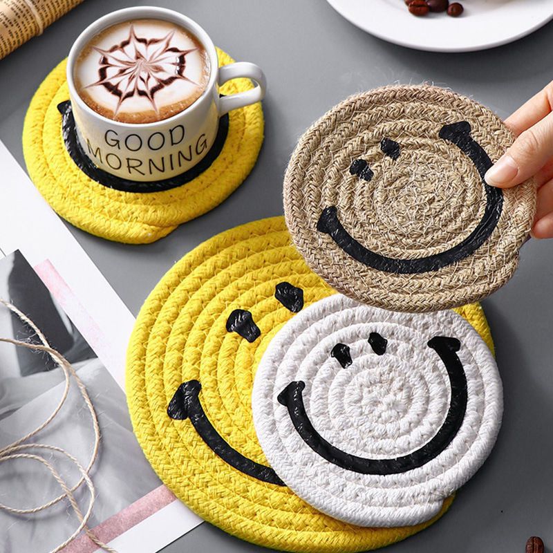 Smiley Face Woven Coaster — Cotton Rope Cup Mat & Heat Insulation Pad
