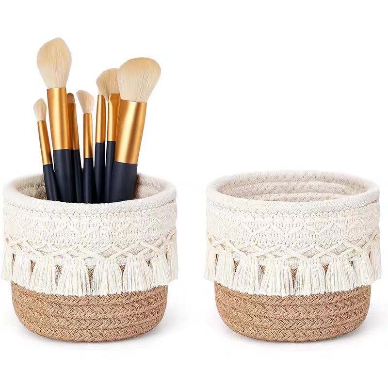 Tassel Woven Round Desk Organizer — Makeup Brush & Vanity Storage Basket