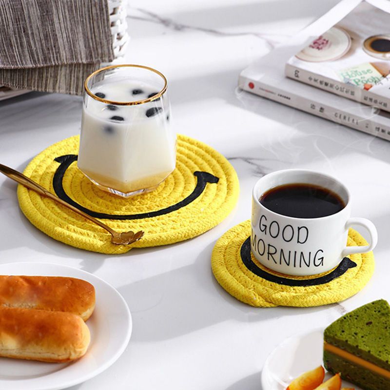 Smiley Face Woven Coaster — Cotton Rope Cup Mat & Heat Insulation Pad