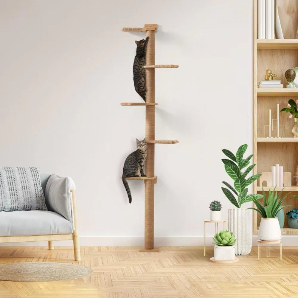 5-Tier Solid Wood Cat Tree Tower with Sisal Rope — Wall-Mounted & Freestanding Scratching Post