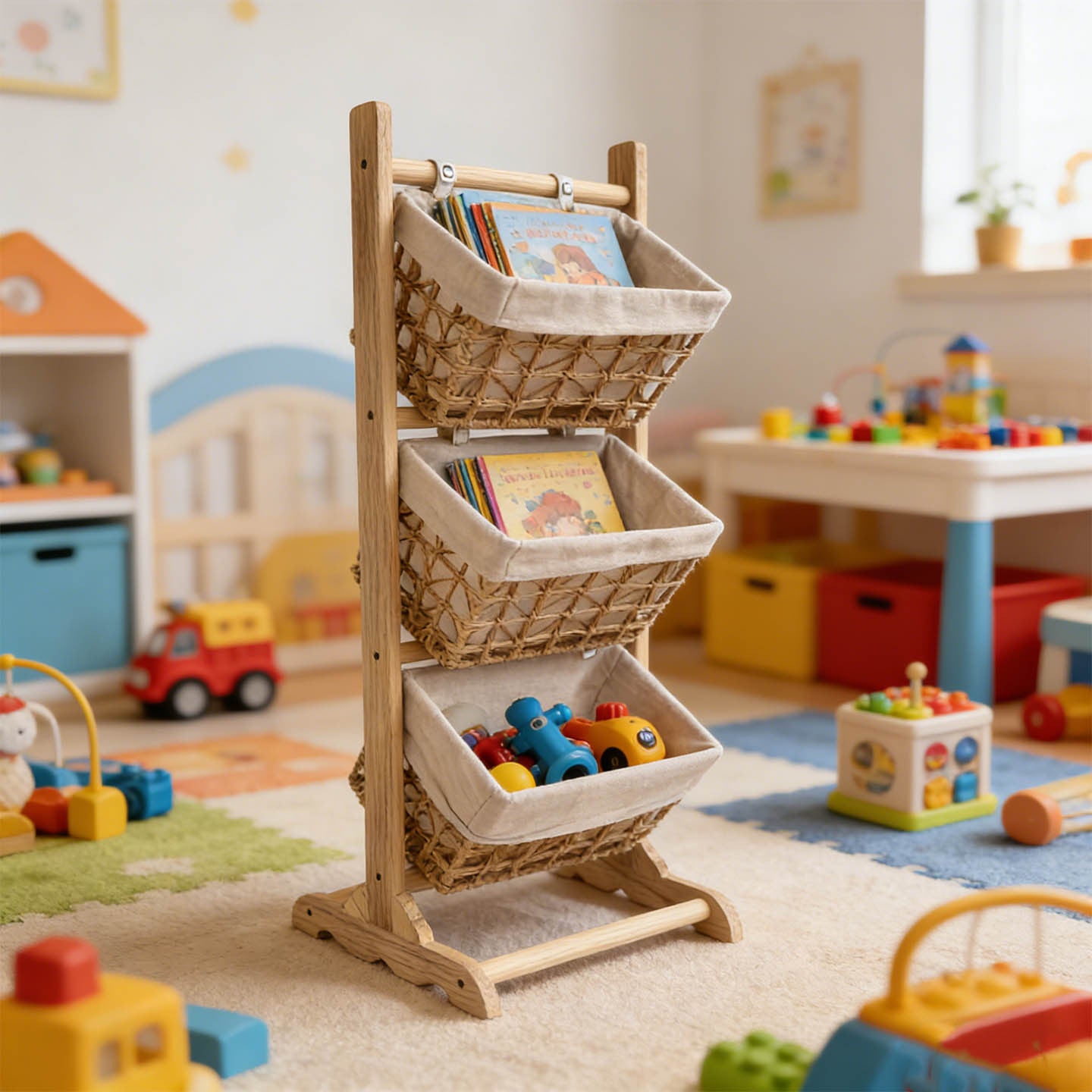 Multi-Tier Woven Storage Rack — Freestanding Basket Shelf for Living Room