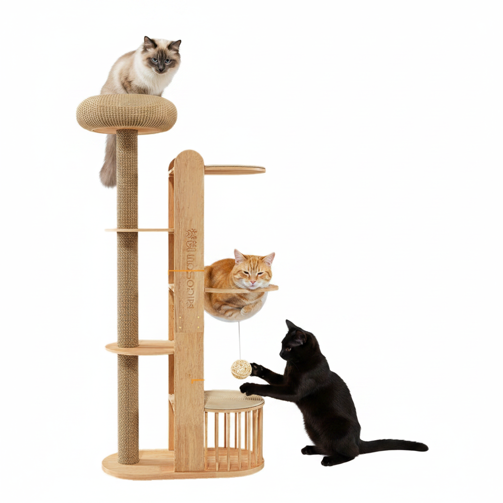Nordic minimalist wooden cat tree front view