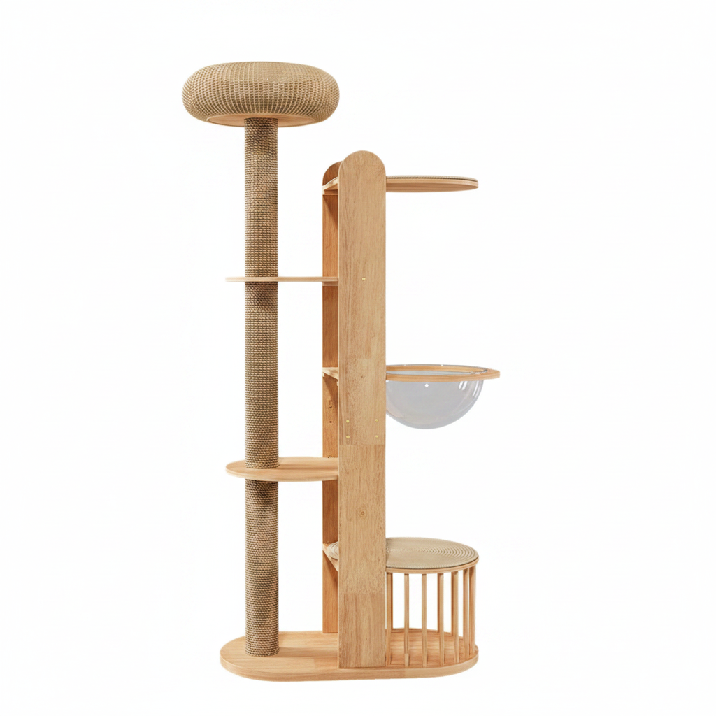 Nordic minimalist wooden cat tree back view