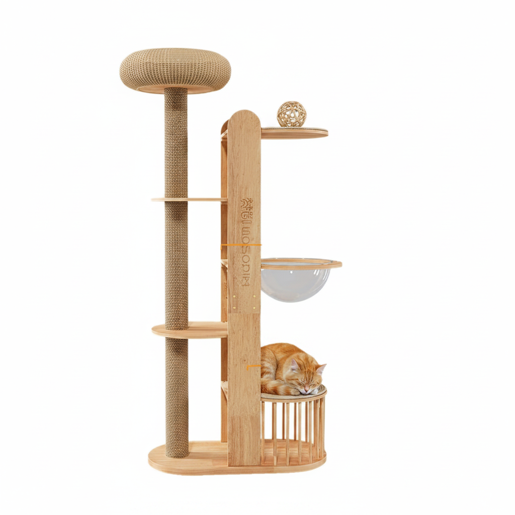 Nordic minimalist wooden cat tree 45 degree angle view